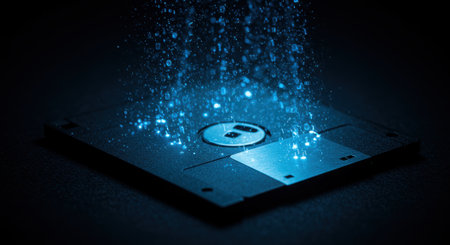 A conceptual and nostalgic photograph showing glowing particles of digital data rising from the surface of a vintage floppy disk. This visual offers an abstract interpretation of the data, memories, and "digital ghosts" stored on obsolete technology. Blurring the line between the physical hardware of the past and the ethereal data of today, this image is perfect for themes of data recovery, the history of technology, digital archiving, and lost memories.の素材