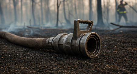 A detailed close-up of a rugged fire hose nozzle lying on the scorched earth after a firefighting operation. In the background, smoke faint and the blurred figure of a firefighter add context to the intense struggle. This image highlights the essential tools, the hard labor, and the sacrifice involved in combating wildfires.の素材