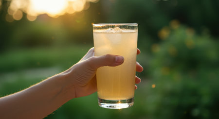 A refreshing close-up shot of a hand holding a glass of a cold beverage (like lemonade or iced tea) against a blurry, sun-drenched background during golden hour. The condensation on the glass perfectly conveys the drink's coldness and the relief it brings on a hot summer day. An ideal image with high commercial potential for themes of summer lifestyle, refreshing drinks, vacation, breaks, and moments of relaxation.の素材