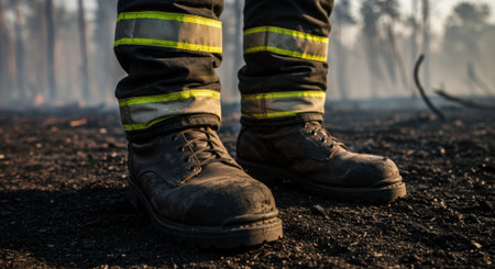 A detailed photo of a firefighter's worn boots standing firm on the charred earth in the aftermath of a forest fire. This poignant shot symbolizes resilience, the exhaustion of the job, and the strength to endure after the devastation. A powerful visual representing sacrifice, endurance, and respect for the tireless struggle of first responders.の素材