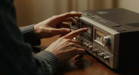 An intimate and nostalgic photograph featuring hands touching and adjusting a vintage cassette deck. This faceless close-up emphasizes the emotional connection with forgotten analog technologies and the memories that are awakened through touch. A perfect visual for themes of music, nostalgia, the 80s/90s, retro technology, and a longing for the past.の素材