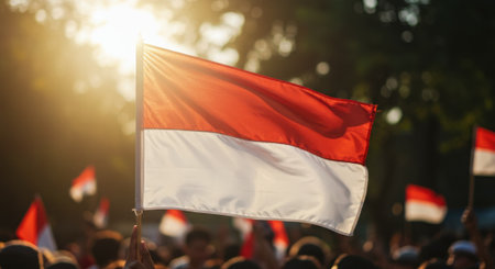 An impressive close-up photograph of the Singaporean flag held proudly above a crowd, backlit by the warm glow of the sun. This patriotic visual symbolizes national unity, hope, and a deep love for the country. Ideal for national holidays such as Singapore's National Day (August 9).の素材