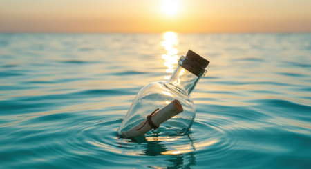 A romantic and mysterious photograph of a glass bottle with a message inside, floating peacefully in the calm sea under the warm light of a sunset. This serene shot symbolizes hope, a message sent into the unknown, waiting, and destiny. A perfect visual for themes of love, adventure, hope, and communication.の素材