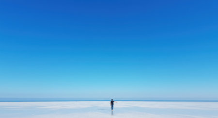 A minimalist and surreal photograph of a lone person walking across a vast salt flat that perfectly mirrors the clear blue sky. This breathtaking landscape evokes a sense of infinity, freedom, solitude, and the surreal beauty of nature. A perfect visual for themes of travel, inspiration, contemplation, and abstract landscapes.の素材