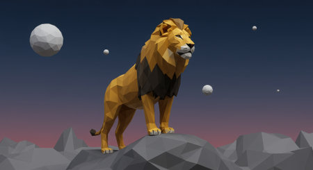 A 3D illustration of a stylized lion standing on abstract, low-poly mountains or rocky terrain. The dark blue and twilight-toned sky features geometric shapes resembling moons or small planets. This modern and fantastical visual evokes themes of power, solitude, and a journey into the unknown. An impressive choice for digital art, conceptual design, and futuristic projects.の素材