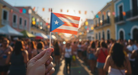 A vibrant and atmospheric photograph of a hand holding a Puerto Rican flag above a crowd during a festival or national celebration on a colorful street in Puerto Rico. This visual captures the cultural vibrancy, 'Boricua' pride, and festive enthusiasm during special occasions like Constitution Day (July 25). Perfect for themes of travel, Latin culture, and celebration.の素材