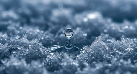 This striking visual symbolizes the contrast between order (the smooth droplet) and disorder (the chaotic ice), a momentary impact, and the transition between states of matter. A powerful metaphor for science, philosophy, art, and abstract concepts.の素材