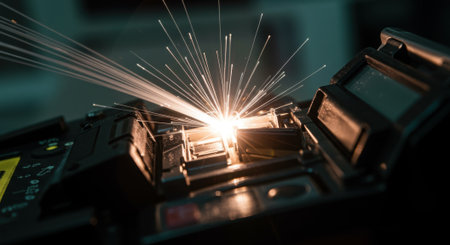A detailed macro photograph of a fiber optic fusion splicer welding two fiber optic cables together with an intense burst of light and sparks. This high-tech visual symbolizes modern telecommunications, high-speed internet connections, and the transmission of data at the speed of light. Perfect for themes of technology, engineering, and the telecommunications industry.の素材
