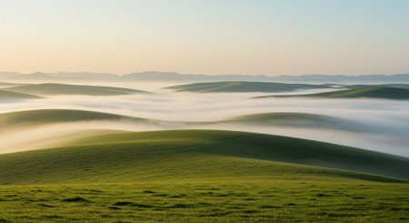 A pastoral and dreamlike landscape resembling a watercolor painting, with layers of lush green hills and valleys filled with thick mist. This atmospheric photograph captures the layered beauty, depth, and calming effect of nature. An inspiring background for themes of meditation, travel, art, and tranquility.の素材