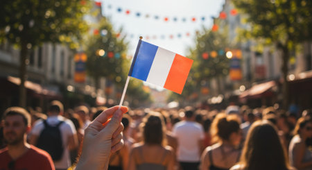A close-up photo of a hand holding the French 'tricolore' flag. In the background, an enthusiastic and blurred crowd of people is gathered for a national holiday or street festival, such as the 14th of July Bastille Day celebrations. The image captures the spirit of patriotism, national pride, and the celebration of French culture.の素材
