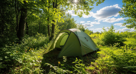 A green camping tent set up in a lush green forest, with sunbeams filtering through the trees. This peaceful scene symbolizes an escape into nature, activities like camping, adventure, and trekking. An excellent visual for concepts of summer vacation and rejuvenation in nature.の素材