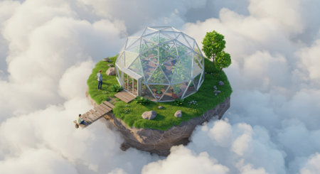 A fantastic floating island with a geodesic dome greenhouse full of lush green plants, soaring peacefully among the clouds. This surreal scene represents concepts of sustainability, ecological living, futuristic technology, innovation, and a future in harmony with nature. This utopian landscape, created as a 3D render, is perfect for projects related to the environment and future technologies.の素材