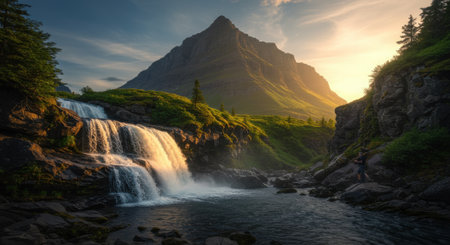A breathtaking view of a tiered waterfall at the base of a majestic, pointed peak during the "golden hour" of sunset. This epic scene in the heart of untouched nature represents adventure, exploration, hiking, and the beauty of travel. It is perfect for adventure tourism, nature documentaries, and travel-related content.の素材