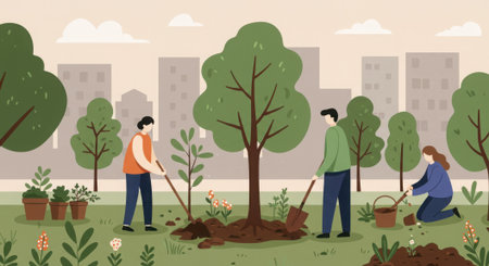 An illustration showing a group of volunteers planting a tree in a city park as part of an urban greening project. This scene symbolizes community spirit, teamwork, environmental awareness, volunteering, and the effort to create greener cities. Ideal for content themed on sustainability, social responsibility, and environmental protection.の素材