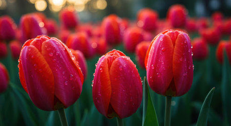An extreme close-up showcases vibrant red tulips with water droplets under soft afternoon light, set against a dreamy bokeh of green leaves and distant flowers. As a classic symbol of perfect love and the beauty of spring, this fresh and colorful scene is ideal for romantic, natural, and seasonal themes.の素材