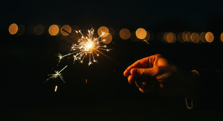 A close-up photo of a hand holding a burning sparkler that is emitting golden sparks in the dark of night. The blurred bokeh lights in the background create a festive party atmosphere. This image represents celebration, joy, hope, magic, and special moments. Perfect for any celebration such as New Year's Eve, holidays, birthdays, and weddings.の素材