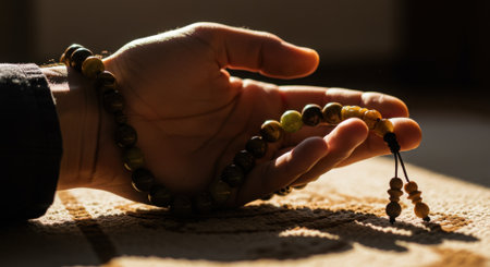 A serene and spiritual moment of a hand holding natural stone prayer beads (Tasbih/Misbaha) on a prayer rug. The dramatic atmosphere created by light and shadow symbolizes Islamic concepts like prayer (salah), remembrance of God (dhikr), worship, and contemplation. Suitable for religious occasions like Ramadan or Friday prayers.の素材
