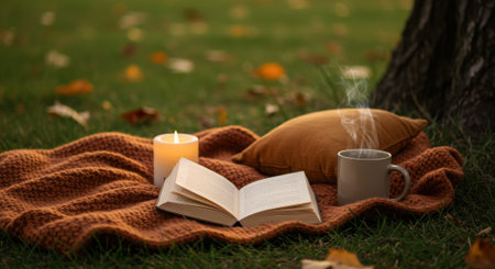A serene outdoor reading nook created for an autumn day, featuring an open book, a glowing candle, and a steaming warm mug on a soft, chunky blanket. Set on the grass amidst fallen leaves, this image embodies the concepts of 'hygge,' relaxation, self-care, and enjoying the simple pleasures of the season.の素材