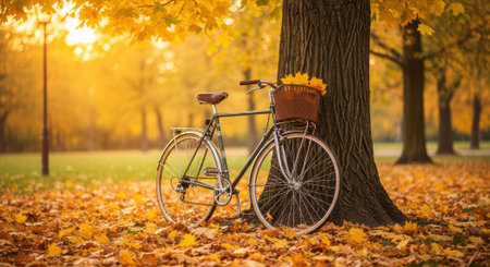 A vintage road bicycle with a leather seat and wicker basket rests against a grand old maple tree in a park. The scene is bathed in the warm, golden hour light of autumn, with the ground and basket filled with vibrant yellow leaves, evoking a dreamy and nostalgic atmosphere.の素材