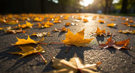 Vibrant orange and yellow maple leaves are gently scattered on a dark grey sidewalk, softly illuminated by the golden light of a low sun. This serene, low-angle close-up subtly announces the arrival of early fall, capturing the quiet beauty of the changing seasons.の素材