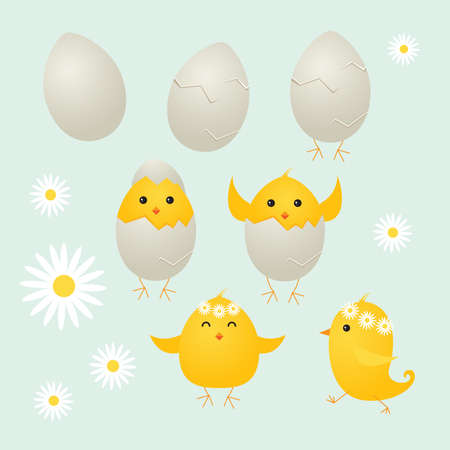 Cute easter chicks and eggs, vector illustrationのイラスト素材