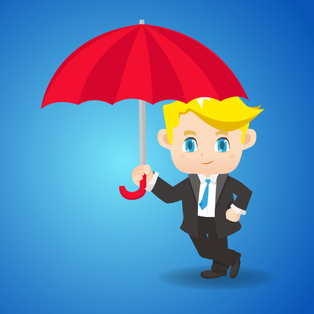 cartoon illustration set of Business man with umbrella, crisis, accidentのイラスト素材