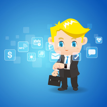 Wearable Smart Watch concept - cartoon businessman use wearable smart watchのイラスト素材