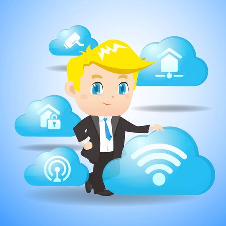 Internet of Things concept - Cartoon businessman hold IoT and cloud iconのイラスト素材