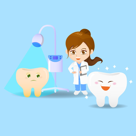 cartoon set of doctor dentist woman with tooth and whitening toolのイラスト素材