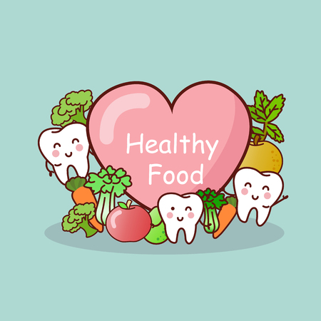 Happy tooth with healthy food, great for health dental care conceptのイラスト素材