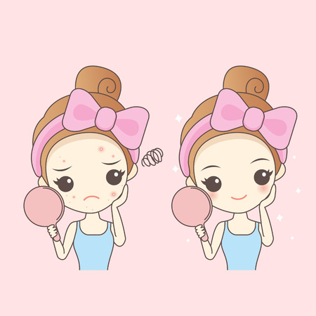 cartoon skin care woman with acne and take mirror check it, beautyのイラスト素材