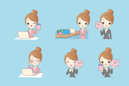 cartoon business woman using computer and piggy bankのイラスト素材
