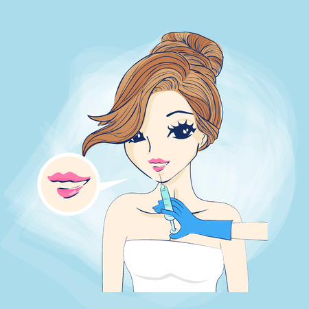 cartoon young woman receiving plastic surgery injection on her mouthのイラスト素材