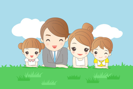 cartoon family is smiling happily and lie on the grassのイラスト素材