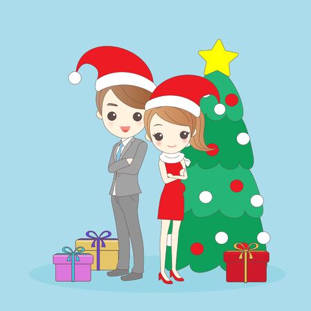 cartoon christmas business man and woman cross arms and smile to youのイラスト素材