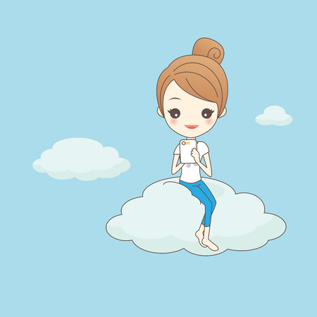 cartoon girl use smart phone on cloud, technology cloud computing conceptのイラスト素材
