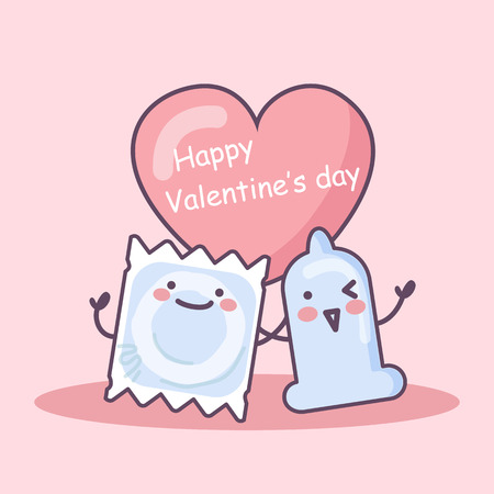 condom and package cartoon with love heart, safe sex conceptのイラスト素材