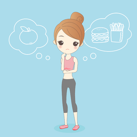 cartoon healthy girl thinking eat apple or Hamburgerのイラスト素材