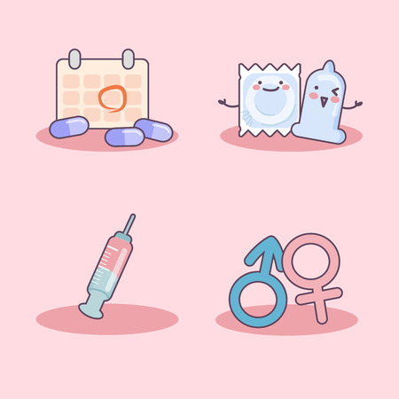 cartoon condom and sex object set, great for health care conceptのイラスト素材
