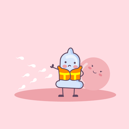 condom cartoon with stop gesture and protect ovum, safe sex andcontraception conceptのイラスト素材