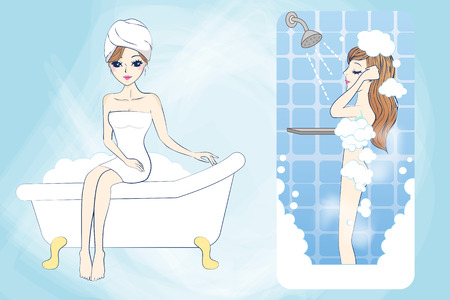 cartoon woman is taking a bath in the bathroomのイラスト素材