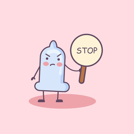condom cartoon hold stop sign, safe sex andcontraception conceptのイラスト素材