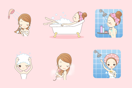 Cartoon beautiful young woman enjoy bath at home, beautyのイラスト素材