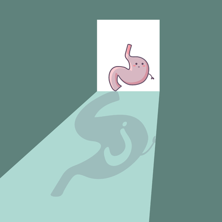 cartoon stomach with question mark in the shadow room, great for health care conceptのイラスト素材