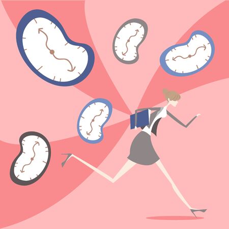cartoon business woman chasing time to runのイラスト素材