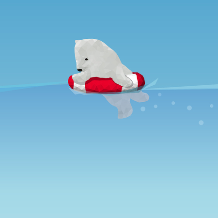 low poly Polar bear  swimming by lifesaver in the ocean, great for environment conceptのイラスト素材