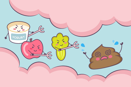Cute cartoon yogurt , apple fruit and vegetable with poop in the intestine - great for health care conceptのイラスト素材