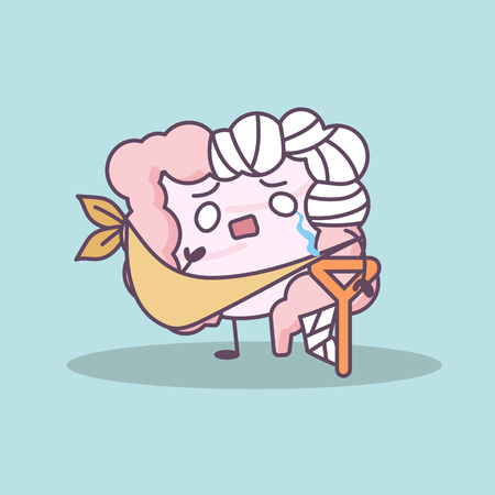 cartoon injured intestine with crutch, great for health care conceptのイラスト素材