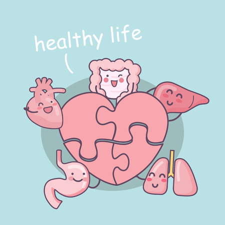 Happy cartoon organ family with love puzzle - heart, lung, liver, stomach and intestine cartoon, great for health care conceptのイラスト素材