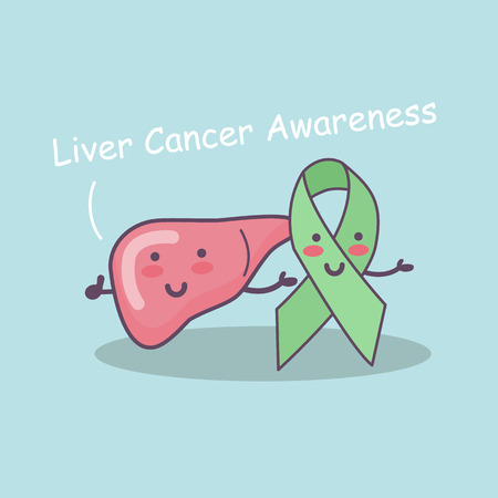 Green ribbon and liver outline for liver cancer campaign, great for liver cancer awareness health care conceptのイラスト素材